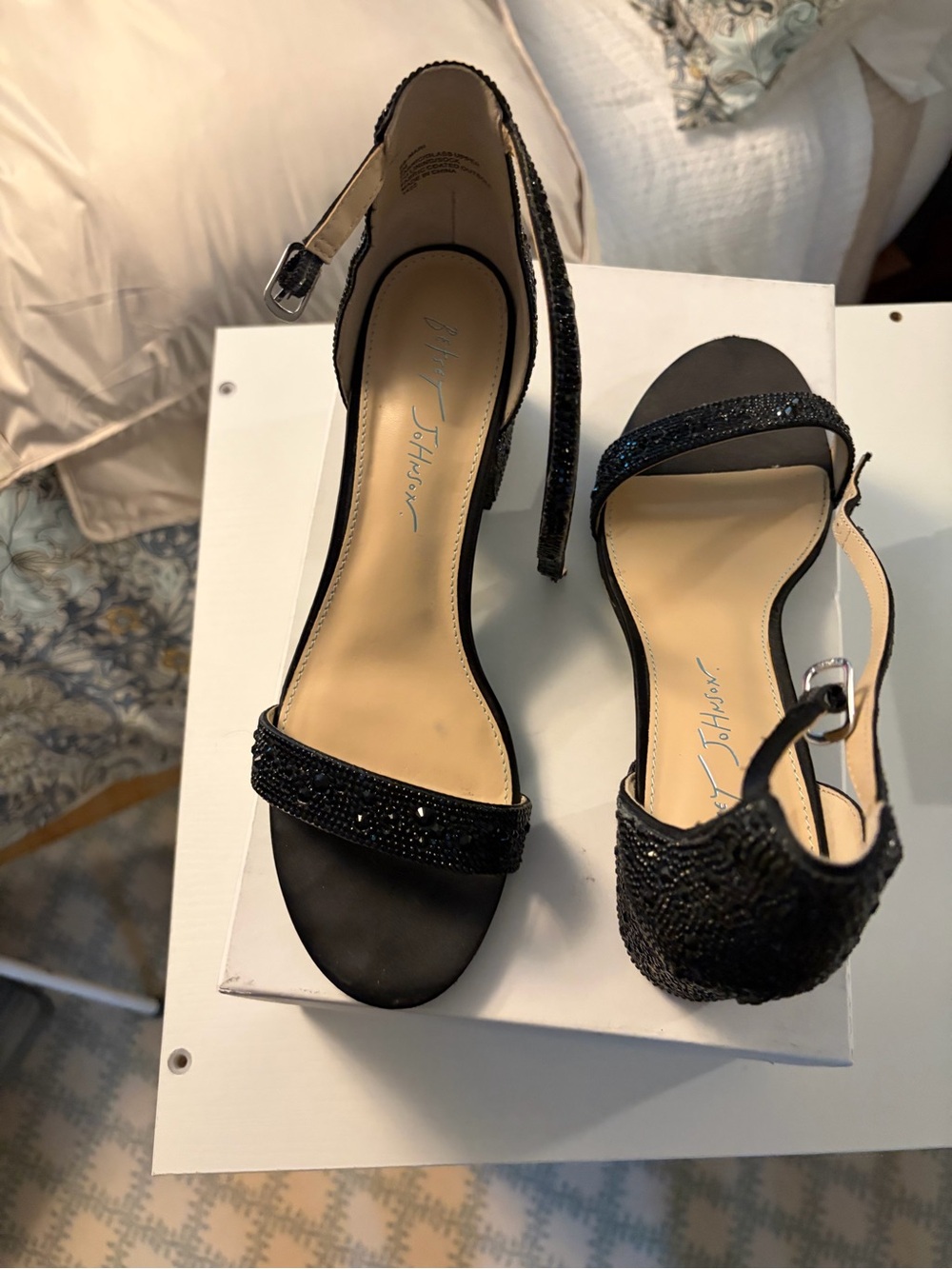 Betsey Johnson Black Beaded Ankle-Strap Sandals